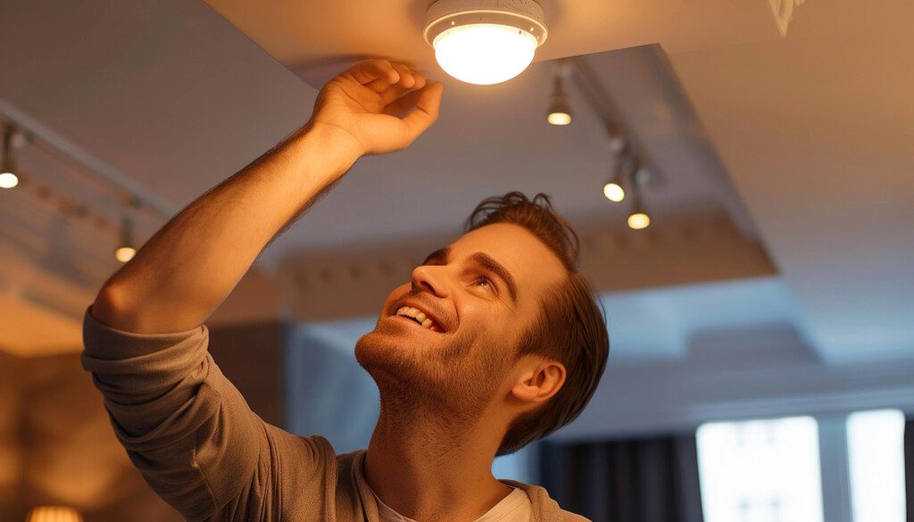 homem sorrindo trocando lâmpada 