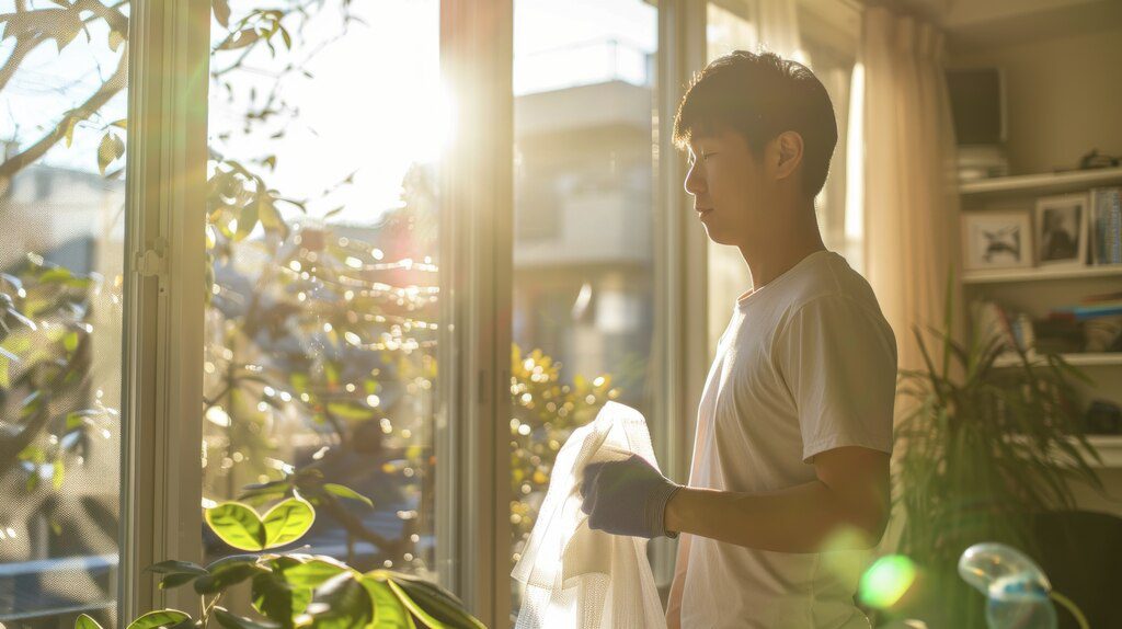 homem em pé a luz do sol em apartamento 